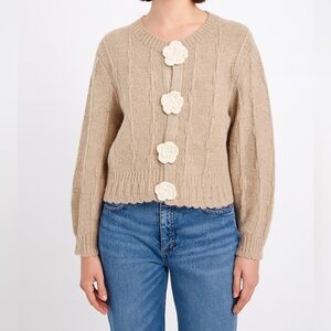 New In Rose Crochet Button Cabled Soft Beige Cardigan
